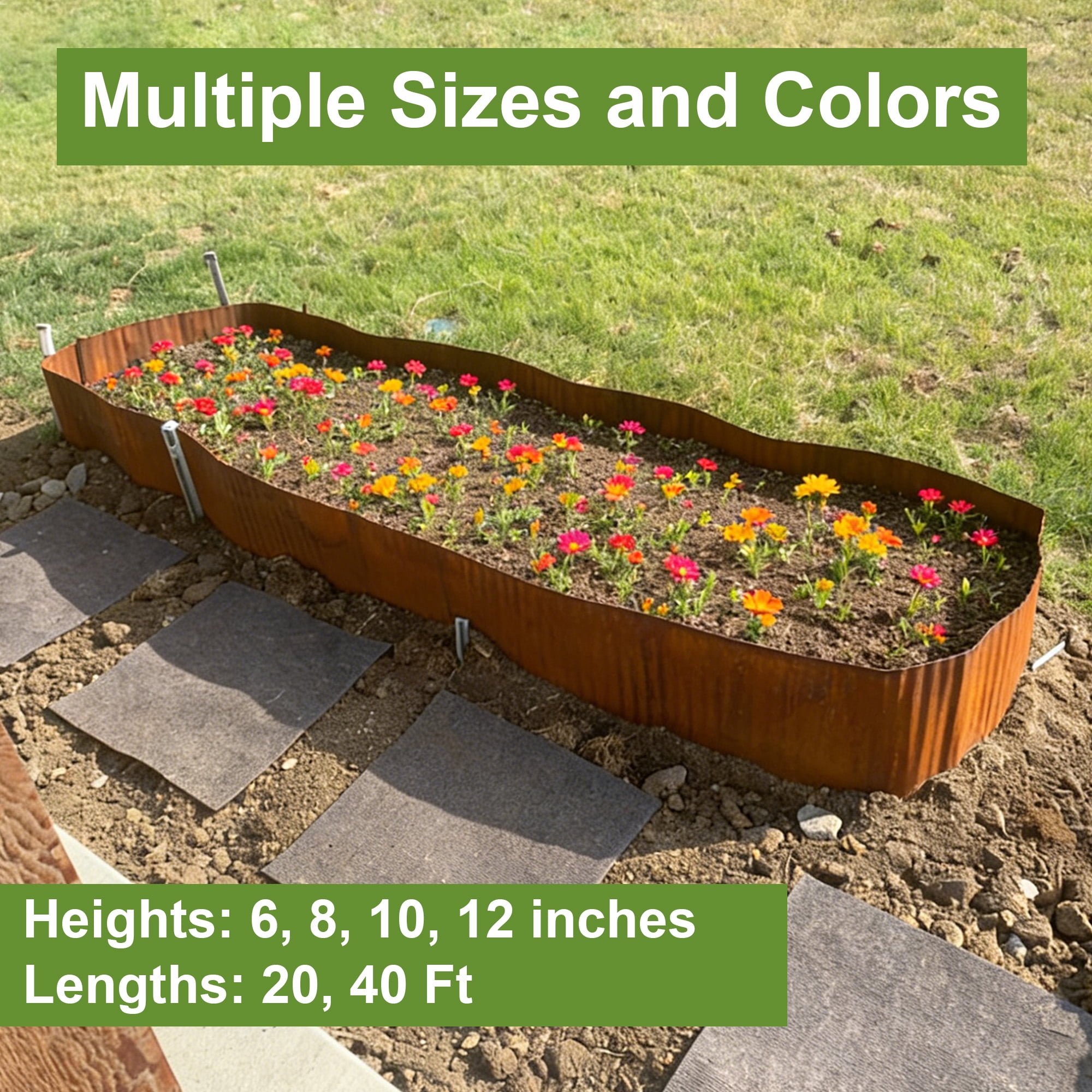 Vinci Metal Landscape Edging Border, 8 Inch x 20 FT Corrugated Steel Garden Edging with Rolled Safety Edges, Flexible Lawn & Flower Bed Edging for Yard, Multiple Sizes & Colors (Rusted)
