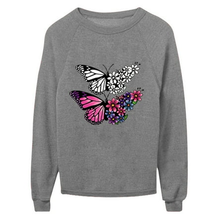 

Women s Butterfly Print O Neck Loose Sweater Long Sleeve Casual Blouse Top Plus Size Loose Fit Sweatshirt Pullover