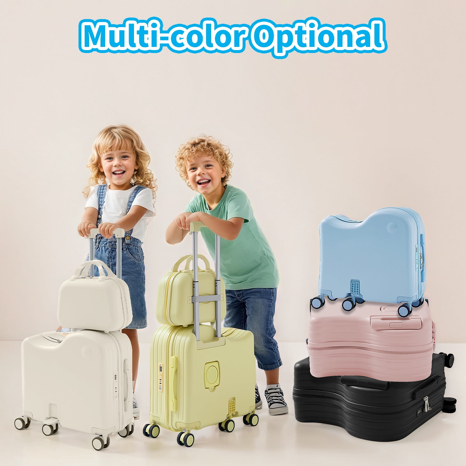 TABU Ride on Luggage with Handbag for Kids , Hardshell Carry on Suitcase with 6-Wheels,Hidden Cup Holder,Foldable Pedal,Blue
