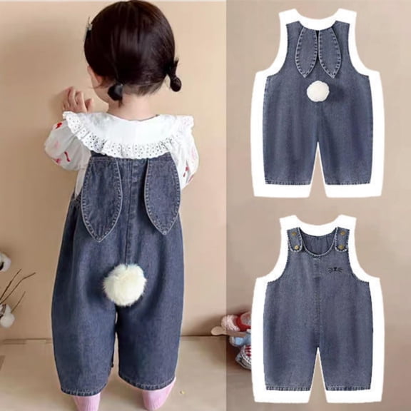 Toddler Jumpsuit and Romper Toddler Baby Boy Girl Easter Outfit Denim Shortalls Back Rabbit Ear & Pom Pom Tail Baggy Jeans Romper for Kids Short Jumpsuit