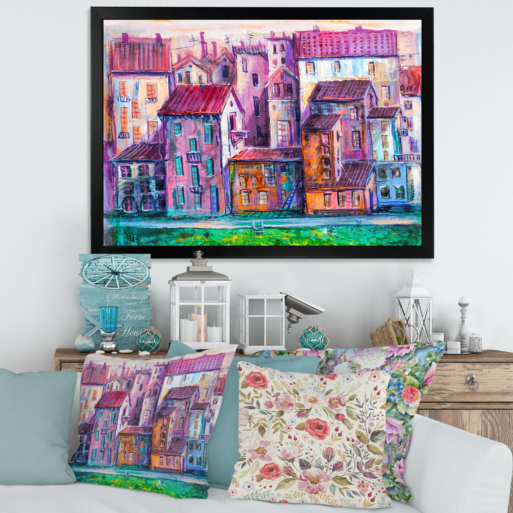 Designart 'Street With Colorful Old Homes Landscape' Modern Framed Art Print