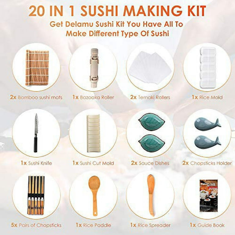  Delamu Sushi Making Kit, Upgrade 22 in 1 Sushi Maker Bazooker  Roller Kit with Bamboo Mats, Chef's Knife, Triangle/Nigiri/Gunkan Sushi  Rice Mold, Chopsticks, Sauce Dishes, Rice Spreader, User Guide: Home 