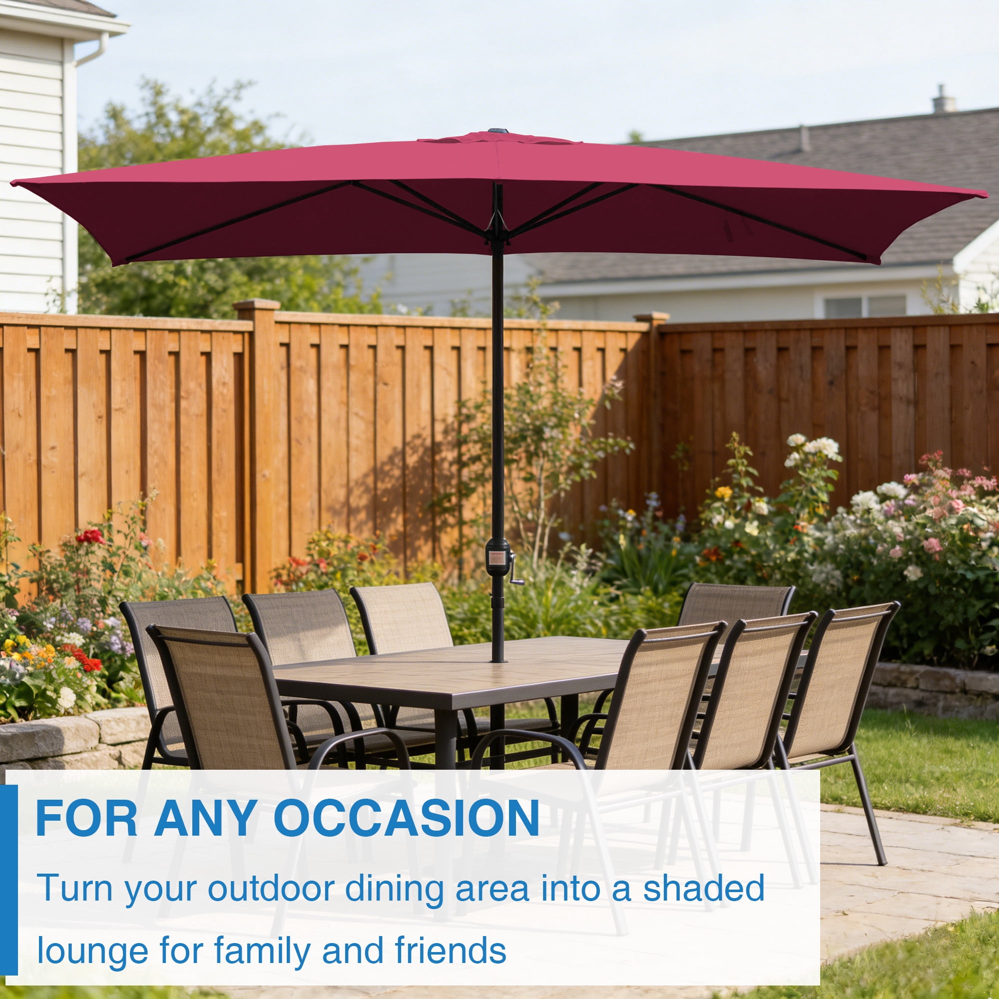 Abble 10x6.5ft Rectangular Patio Umbrella with Crank Handle, Outdoor Market Umbrella with 6 Sturdy Umbrella Ribs, Waterproof, Burgundy