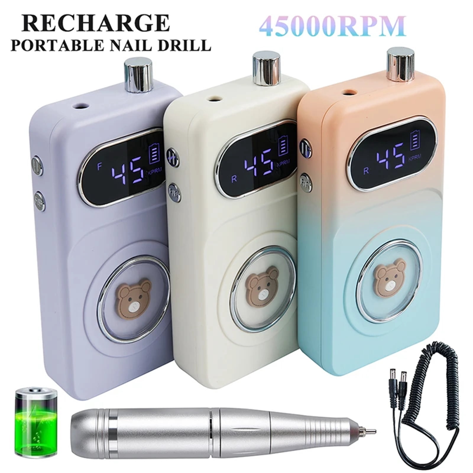 45000RPM Electric Nail Drill Machine Low Noise Rechargeable Nail Gel Polishing Machine Nail File Machine Nail Art Salon Tools