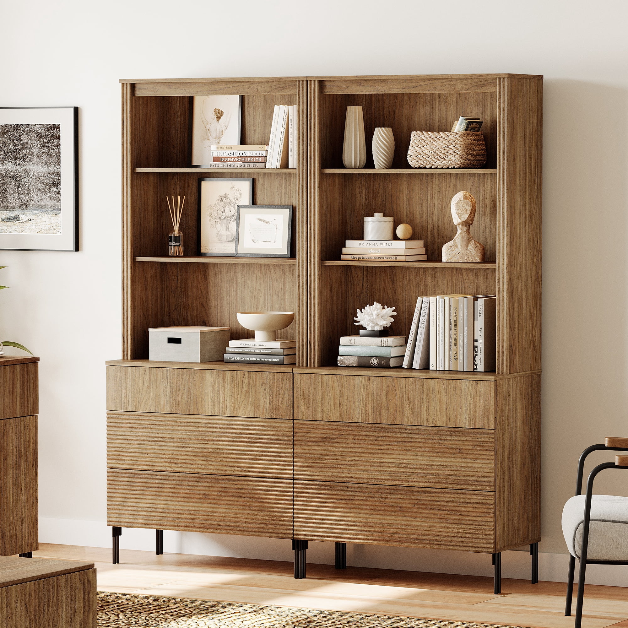 71.6"H X 60.4"W Set Of 2 Bookcase with Storage Cabinets, 6 Tier Bookshelf with Fluted Drawers and Adjustable Shelves, Large Modern Display Cabinet For Living Room Bedroom Home Office Kitchen