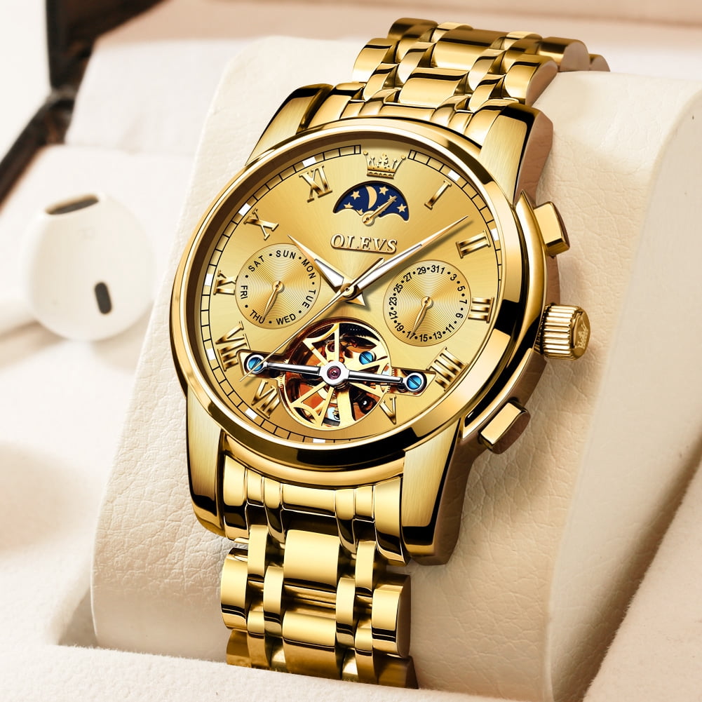 OLEVS Automatic Watches for Mens Skeleton Mechanical Self Winding Chronograph Calendar Classic Dress Moon Phase Multifunction Mens Wrist Watches Luminous Waterproof Stainless Steel Reloj Para Hombre