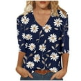 thumbnail image 3 of DDAPJ pyju Spring Tops for Women Trendy 3/4 Sleeve T-shirts Dressy Casual Floral Print V Neck Blouses Loose Fit Mid-length Tunics Dark Blue S, 3 of 6