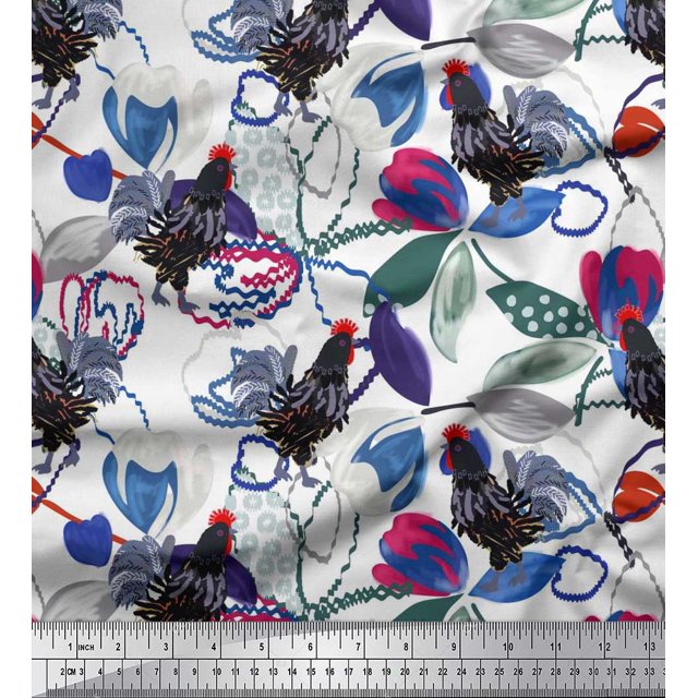 Soimoi Japan Crepe Satin Fabric Floral & Cock Watercolor Printed Craft Fabric by The Yard 42 Inch Wide