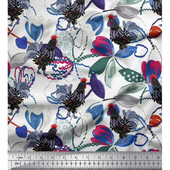 Soimoi Poly Georgette Fabric Floral & Cock Watercolor Printed Craft Fabric by The Yard 52 Inch Wide