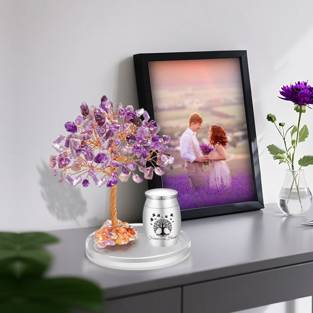 Small Urns for Human Ashes Cremation Keepsakes Urn Stainless Steel 1.57 inches Mini Urn for Human Ashes with Amethyst Crystal Tree Decorative Urn Tree of Life Cremations Ash Keepsake