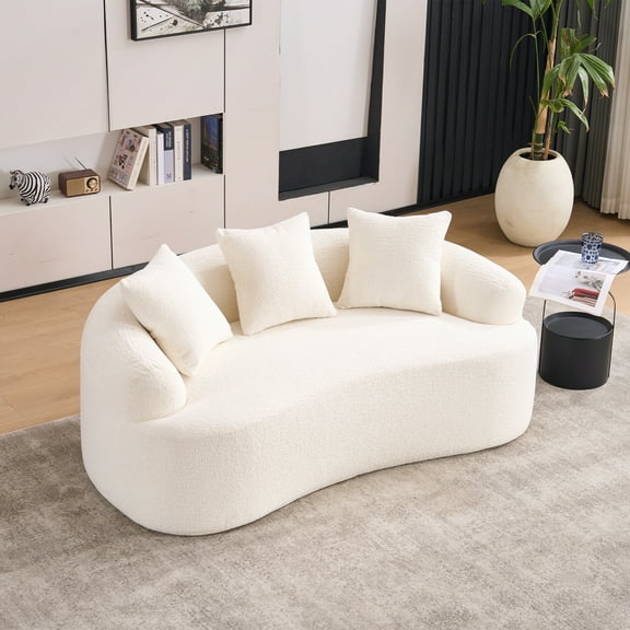 NeoKo Loveseat Sofa for Living Room, 65" Modern Chenille Boneless Couches, 30D Sponge Deep Seat Curved Cloud Floor Couch with 3 Throw Pillows for Small Spaces, No Assembly Needed, White