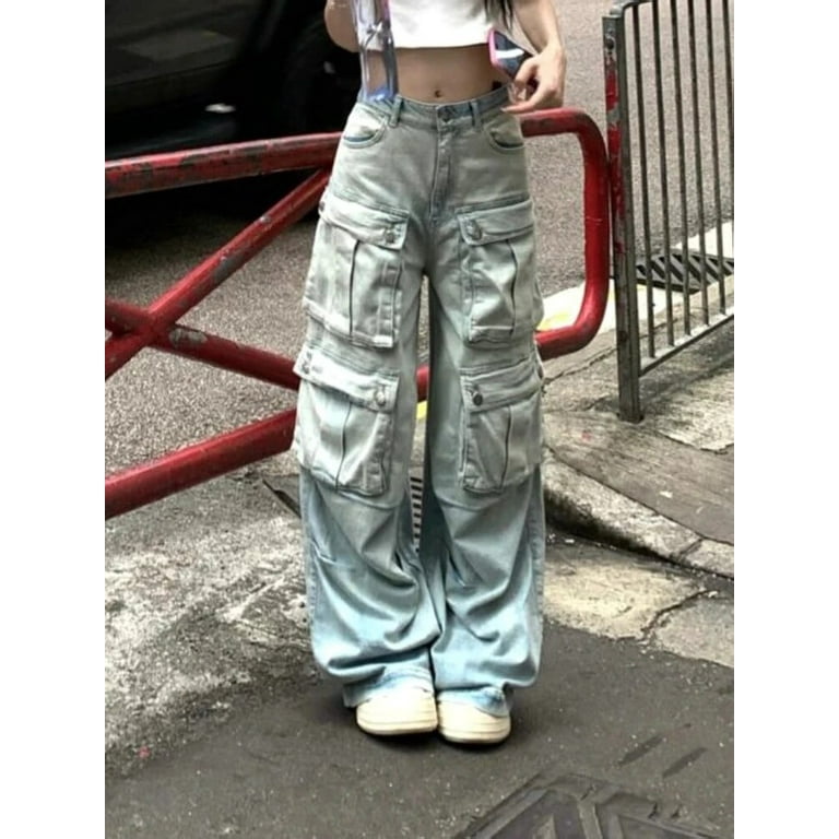 Women American Vintage Y2K Cyber Punk Kpop Multi-Pocket Low
