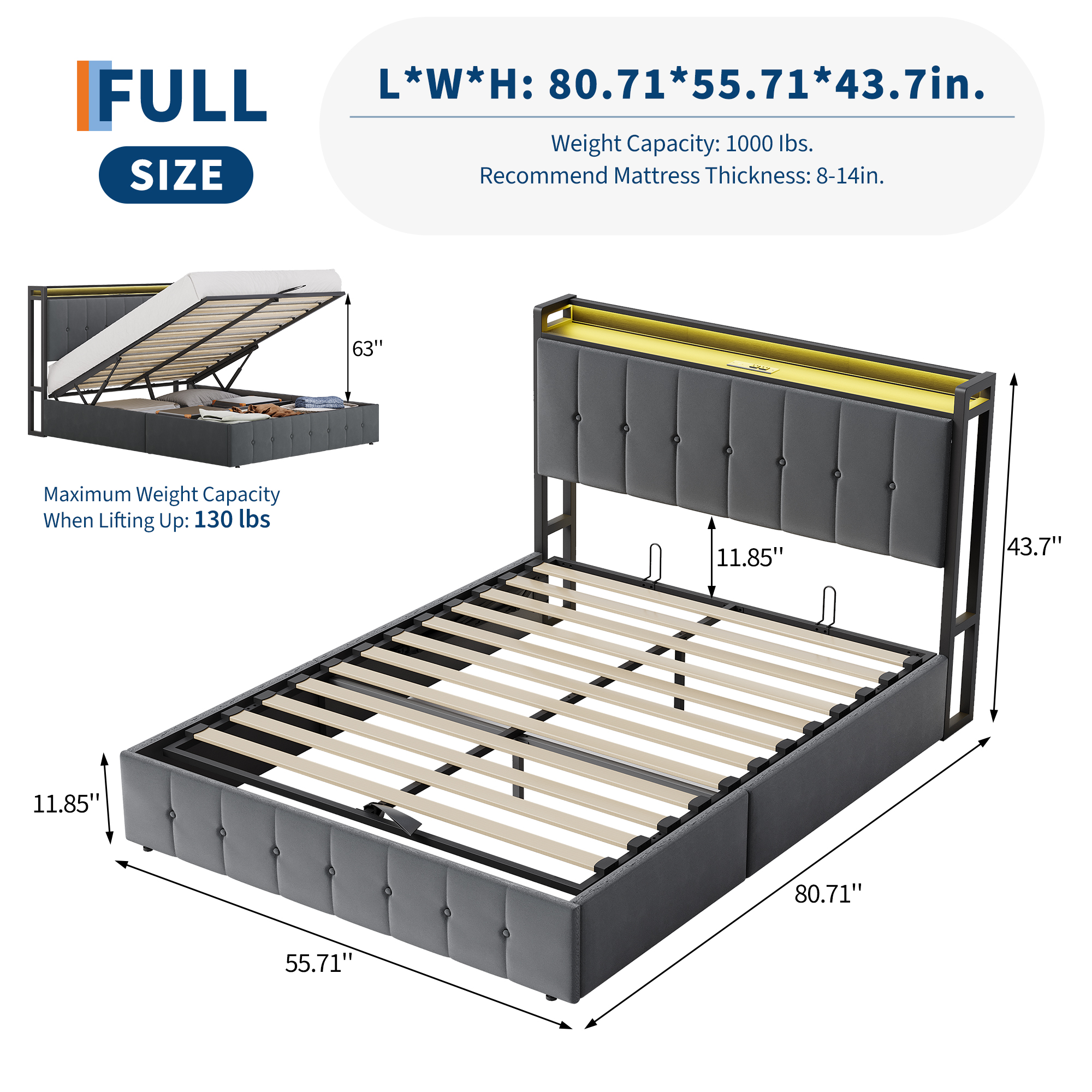 Full  Size Lift Up Storage Bed Frame,Upholstered Platform Bed with Storage Headboard,Hydrualic Underneath Storage,Charging StationNo Box Spring Needed,Easy Assembly