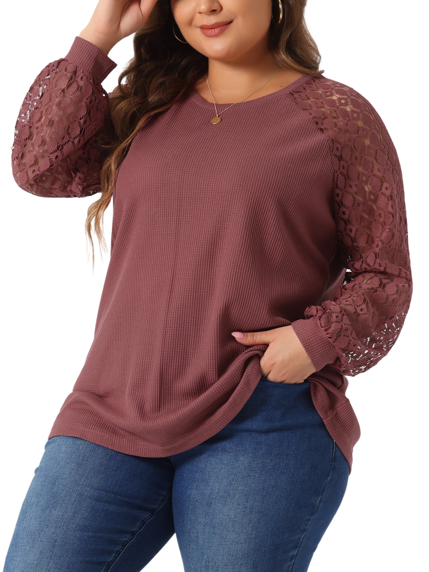 DARING DIVA Women's Plus Lace Crew Neck Long Sleeve Casual Blouse 4X Purple Red