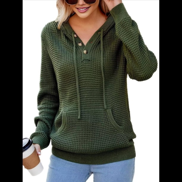 Sudadera de Lana Extragrande con Capucha y Colores Contrastantes para Mujer, de Punto, con Cuello en V, Informal, con Bolsillos Verde XL