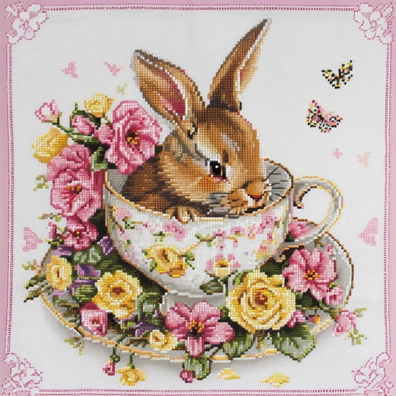 Cute Rabbit in Teacup with Flowers DIY 11CT Stamped Cross Stitch Kits for Beginners Easy Needlepoint Embroidery Counted Cross Stitch Art Craft for Wall Decoration 14x14inch(2)