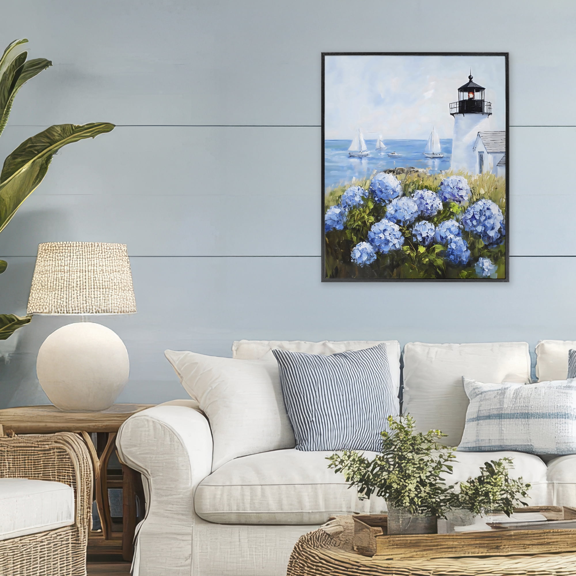 Stupell Industries Lighthouse Surrounded by Hydrangeas Black Framed Giclee Art, design by Arlington Prints