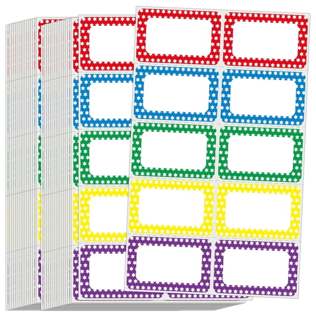 L LIKED Name Tag Stickers measuring 3.5 x 2.25 inches, featuring multicolour borders in red, green, blue, yellow, and purple with star patterns. The self-adhesive labels are displayed in sheets with perforated lines for easy distribution. Suitable for parties, offices, meetings, schools, and events.