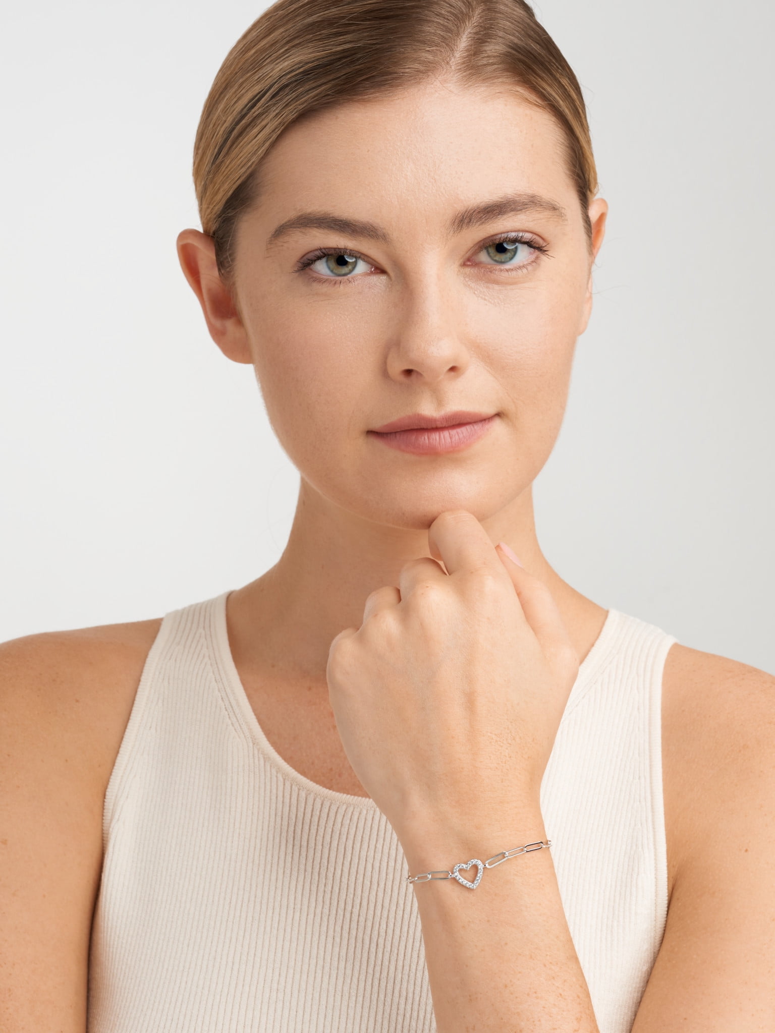Forever Facets CZ Heart Paperclip Bracelet in Sterling Silver, 6.75" + 1.25" Extender