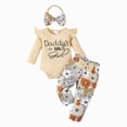 thumbnail image 4 of TOWED22 Infant Baby Girl Fall Winter Clothes 3 Pieces Outfits Long Sleeve Crew Neck Cute Print Romper Jumpsuit Ribbed Flare Pants Headband Set(Khaki,12-18 M), 4 of 8