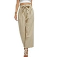 thumbnail image 4 of QLEICOM Womens Slacks Women's Relaxed Fit Straight Leg Pants Solid Cotton Linen Drawstring Elastic Waist Long Wide Leg Pants Work Cargo Casual Pants Wide Leg Pants Relaxed Fit Trousers Khaki M, 4 of 7