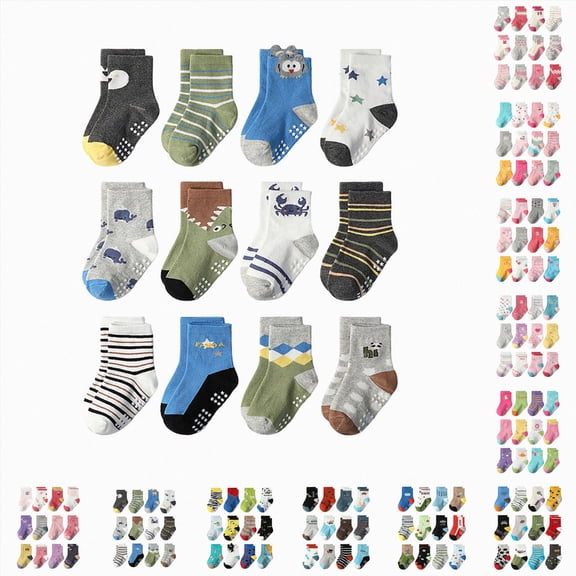 CAUYDY 5 6 7 Years Kids Boys Cute Socks Set 12PC Children Grip Crew Socks Spring Summer Fall Winter Sizes 5-7 Years