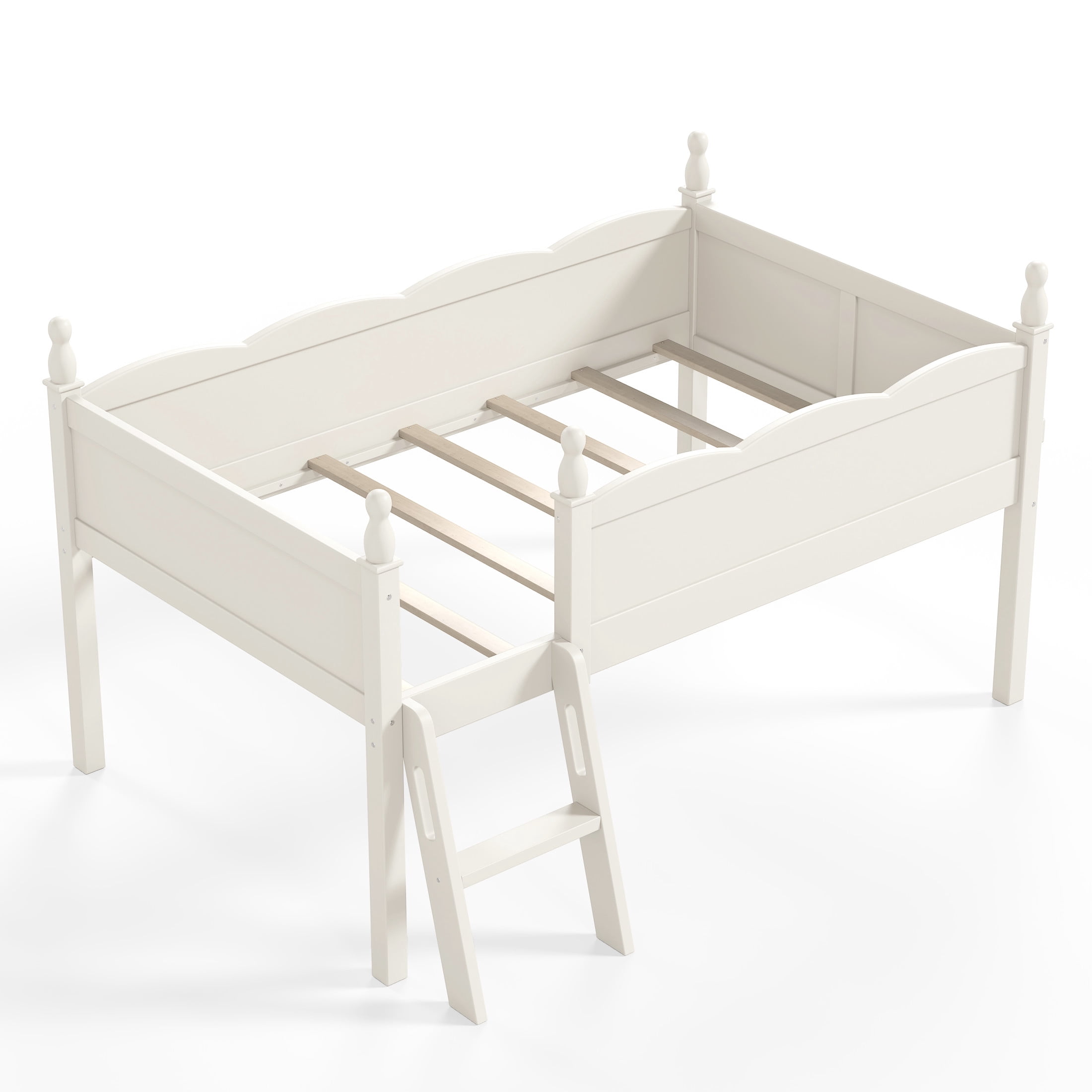 GDF Studio Twin Size Low Loft Bed with Guardrails, Ladder & Side Bookshelf, Chic Design, Beige