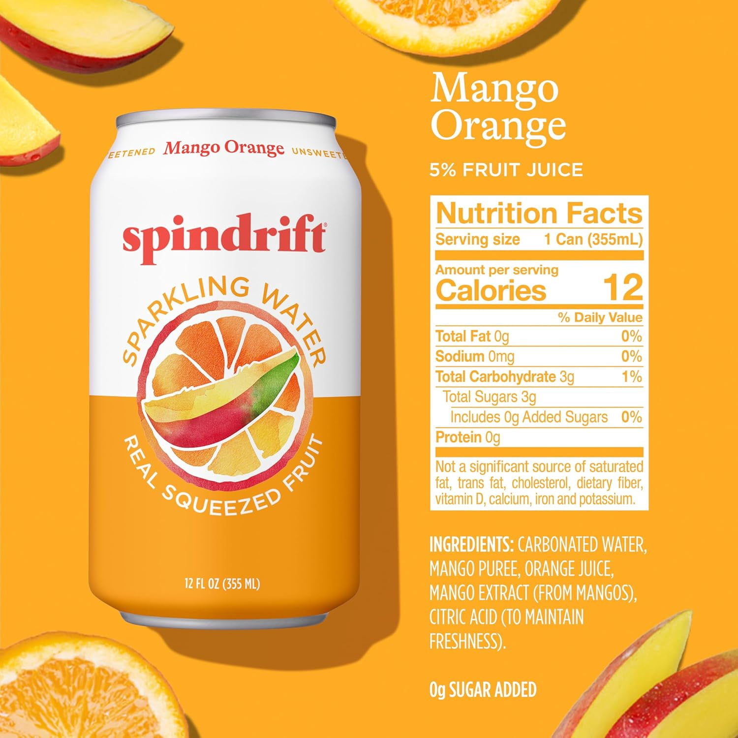 Spindrift Sparkling Water, Mango Orange, Made with Real Squeezed Fruit, 12 fl oz, 8 Count, No Sugar Added, 12 Calories per Can