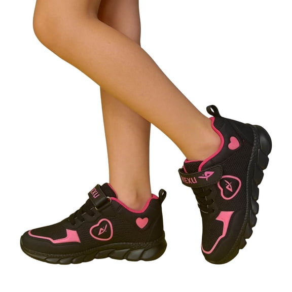 Ticikt Girls Lightweight Mesh Sneakers with Heart Print Breathable for School & Casual Wear,Black