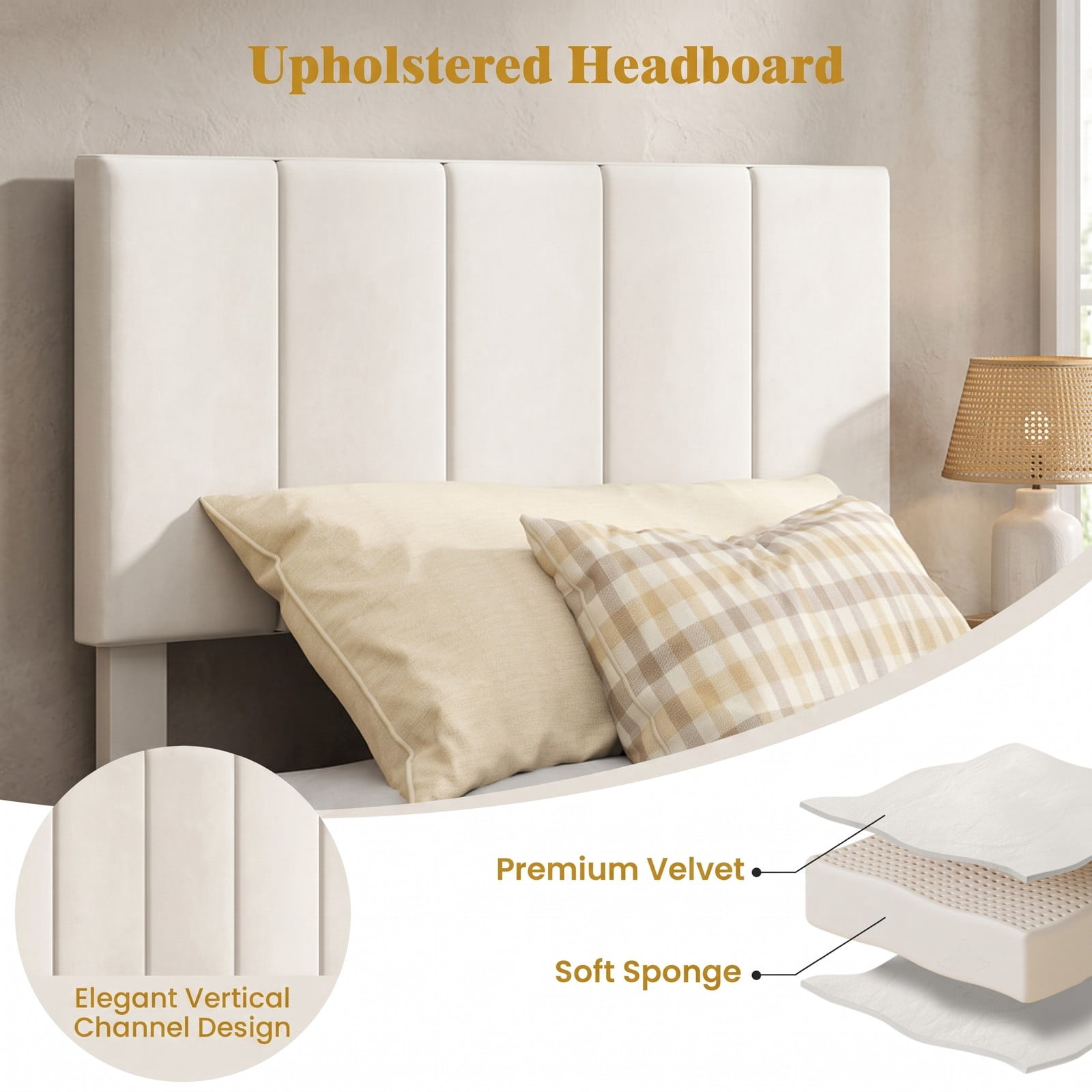 Furnibear Twin Size Velvet Upholstered Platform Bed Frame with Adjustable Vertical Channel Headboard and Wood Slat Support, Beige