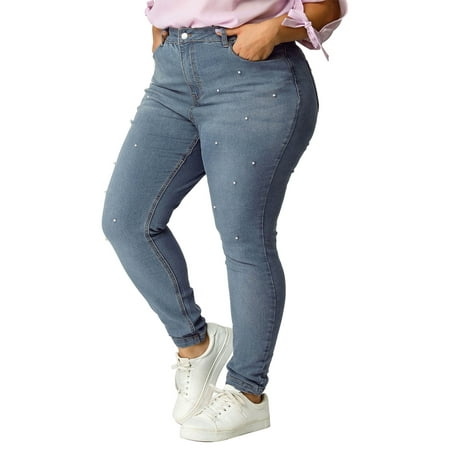 Women's Plus Size Stretch Pockets Beads Skinny Jeans