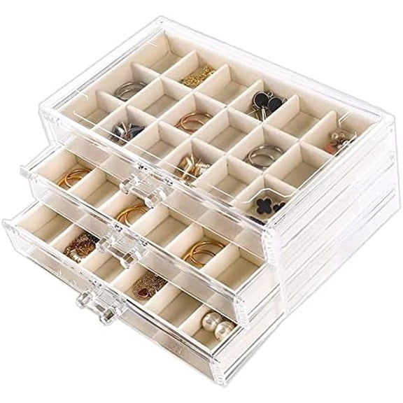 Earring Organizer Box Acrylic Jewelry Organizer with 3 Drawers 54 Adjustable Grids Clear Stackable Earring Holder Velvet Trays Ring Display Case for Women Girls (Beige)