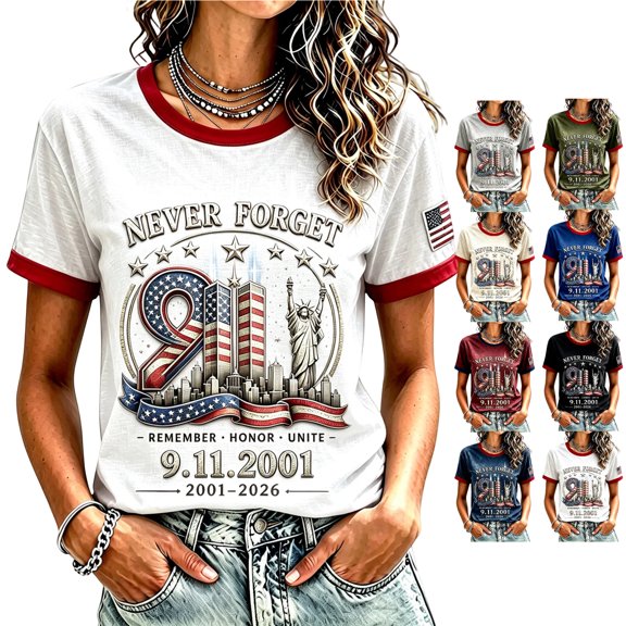 9/11 25th Anniversary Shirt Tshirts Shirts for Women Never Forget 911 Patriotic American Flag Memorial Graphic T-Shirt White XXXL