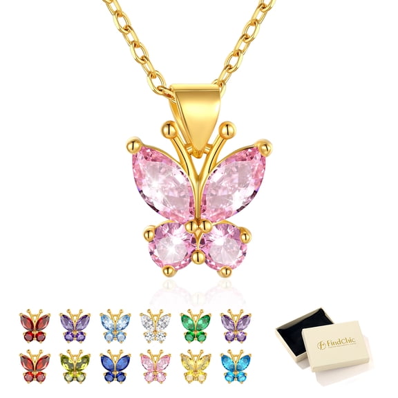 FindChic Birthstone Necklaces for Women, 14K Gold Plated Butterfly Pendant Necklace Synthetic Pink Tourmaline Necklace Birthday Anniversary Jewelry Gifts for Mother Wife Grandma