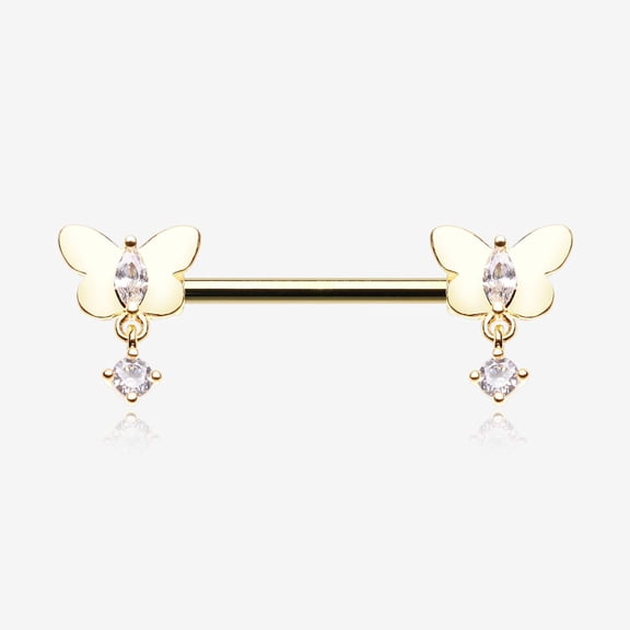 A Pair of Golden Butterfly Sparkle Dangle Sparkle Nipple Barbell