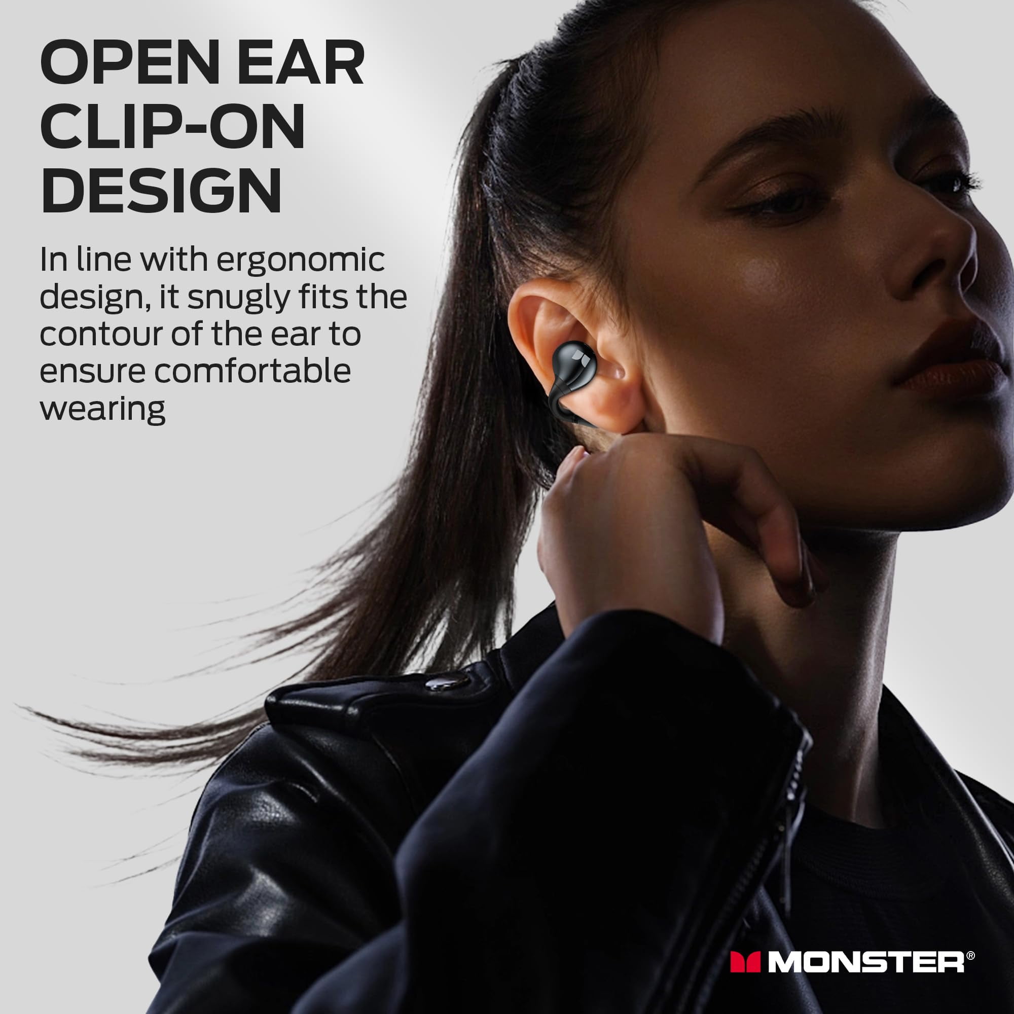 Monster Wireless Headphones Bone Conduction Ear Clip Bluetooth 5.4 Earphone Multi Mic AI noise Cancelling Wireless Earbuds, Black