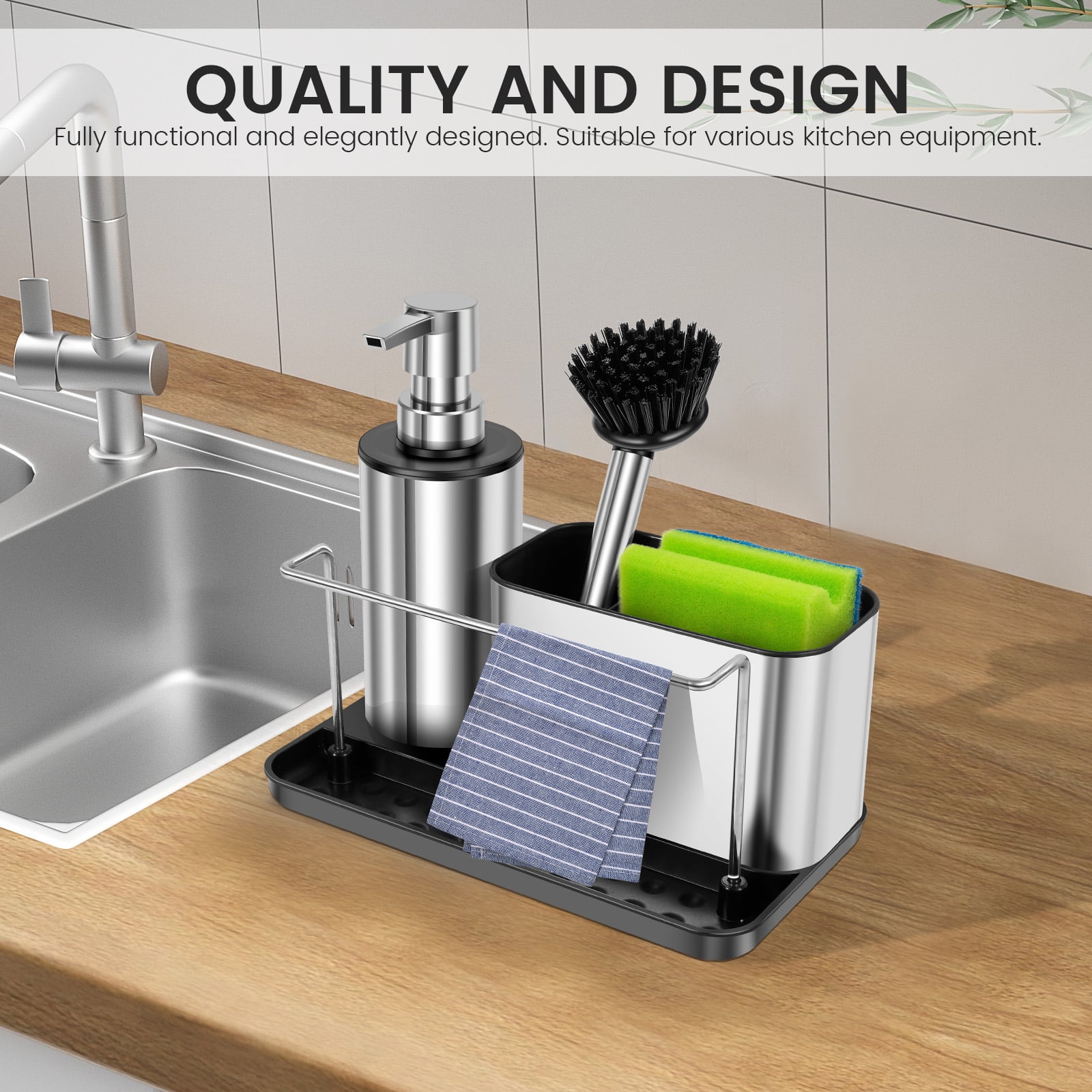 Kitchen Detergent Dispenser Stainless Steel Set with Brush Soap Dispenser and Sponge Holder Divided Storage Design for Galley