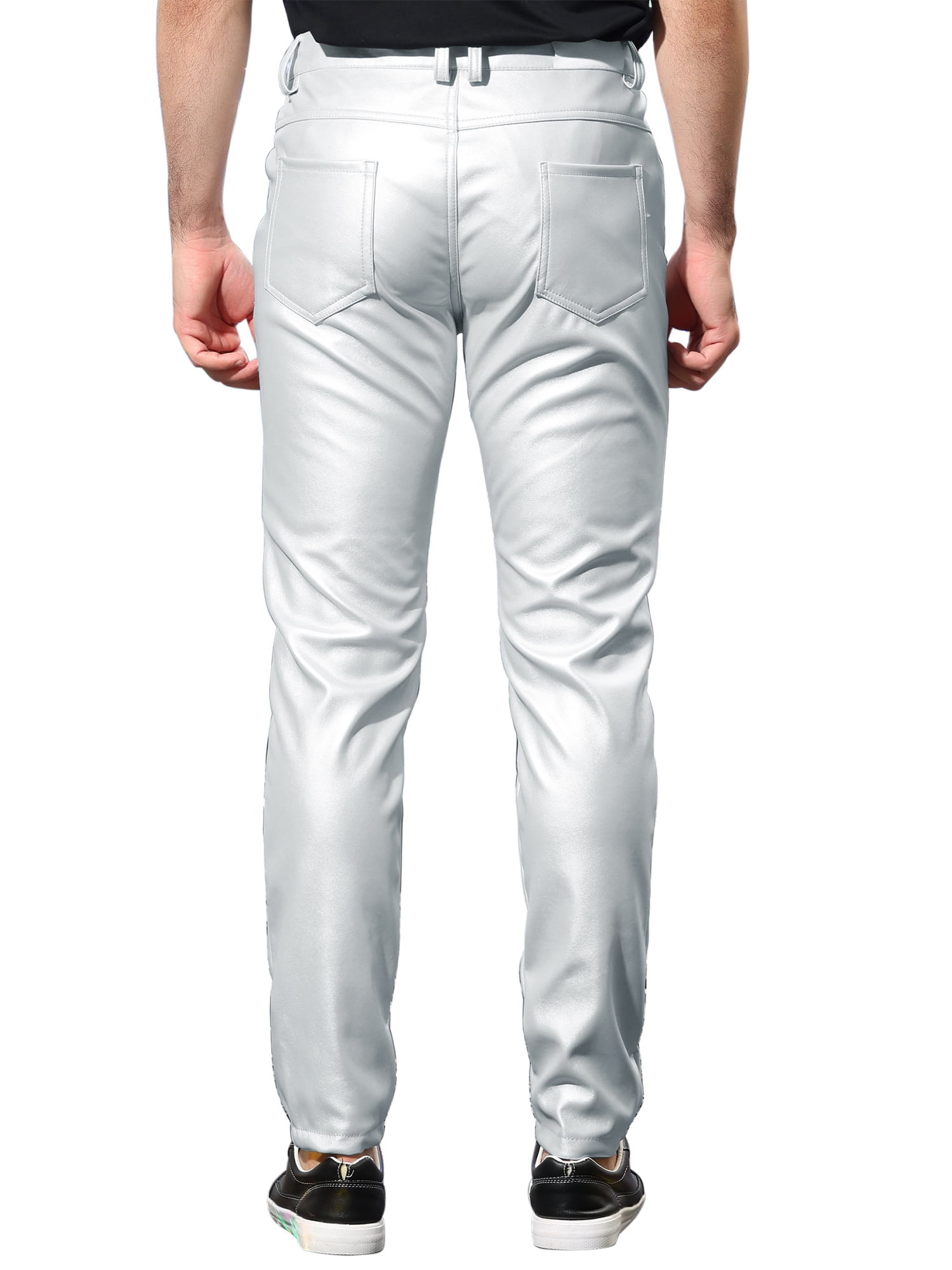 Unique Bargains Men's Metallic Slim Fit Night Club Disco Shiny Faux Leather Pants 34 Silver