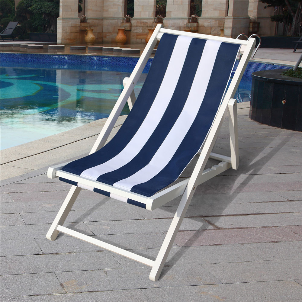 Beach Lounge Chair Wood Sling Chair Navy Style Back Adjustable Outdoor Chaise Lounge for Garden Patio Dark Blue - image 2 of 7