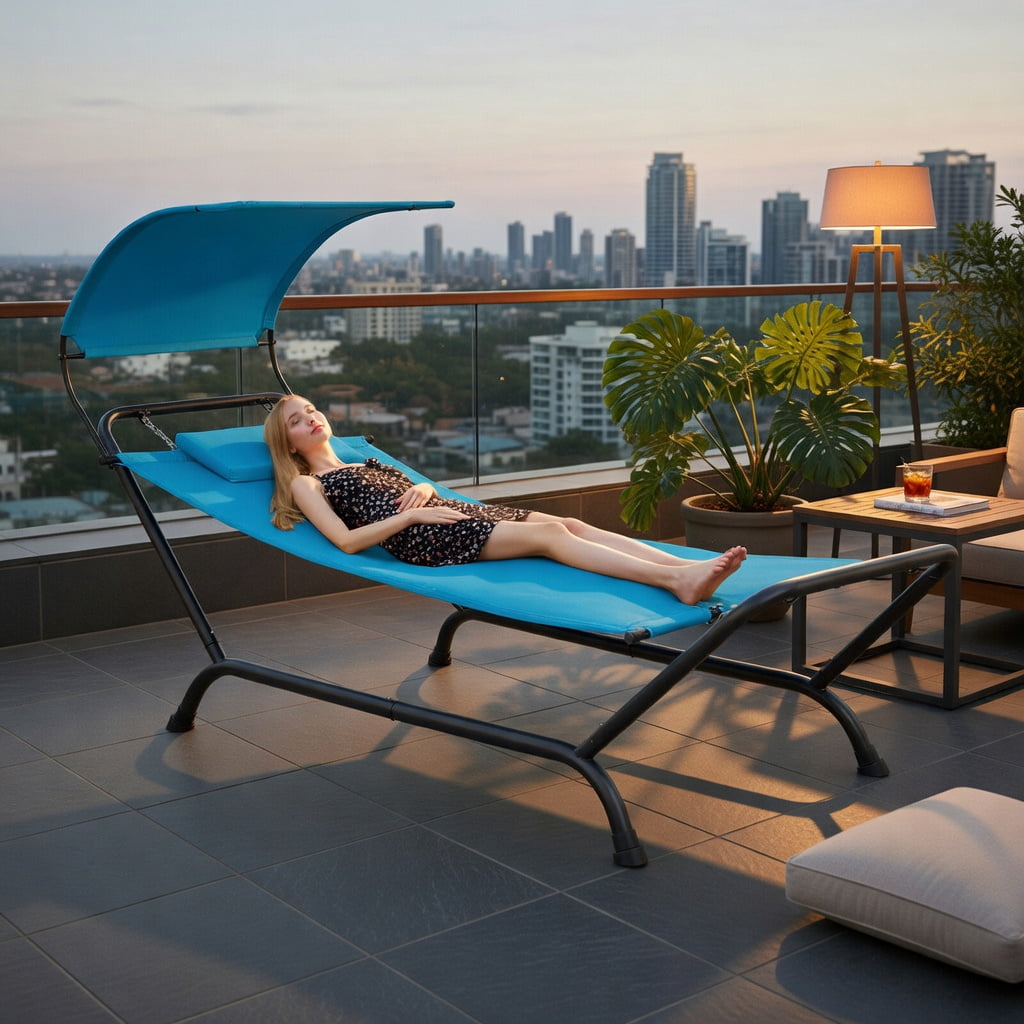 Hommoo Patio Hanging Chaise Lounge Chair with Sun-Proof Canopy, Thick Cushion & Pillow, Rust-Resistant Metal Frame, Outdoor Swing Chair for Deck, Balcony, Poolside, Navy