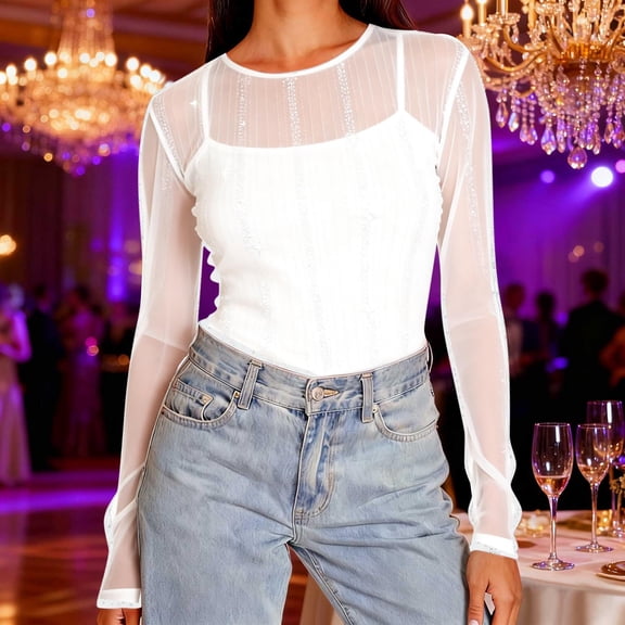 UQJfacai Womens Mesh Sheer Long Sleeve Glitter Tops See Through Sparkly Shirts Evening Party Strech Slim Fitted Crewneck Layering Tee
