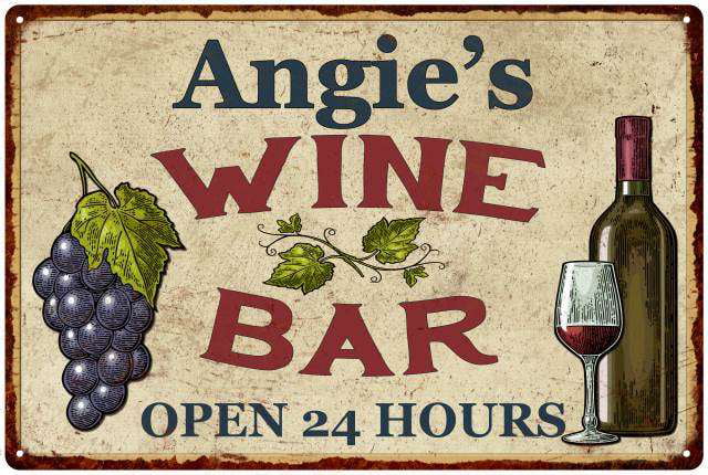 CWWB-0327 ANGIE'S WINE BAR OPEN 24 HOURS Chic Tin Sign Decor Gift Ideas 