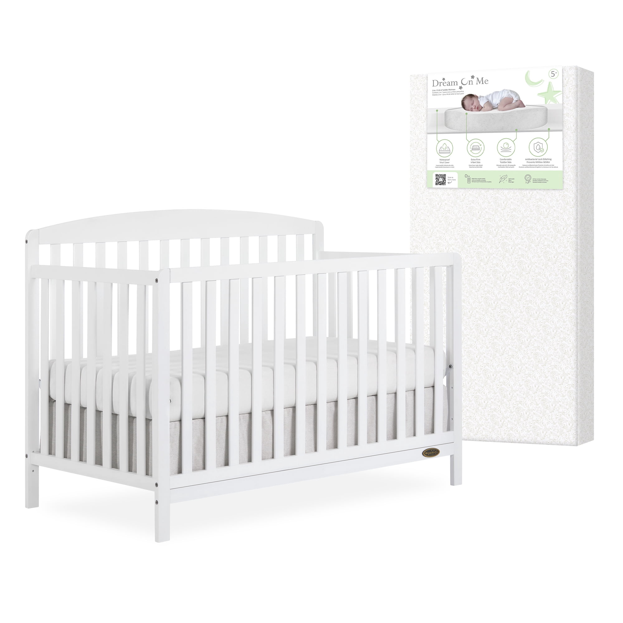 Nursery Bundle, Dream On Me Odelle 5 in 1 Crib in White and Crib & Toddler Mattress Bundle