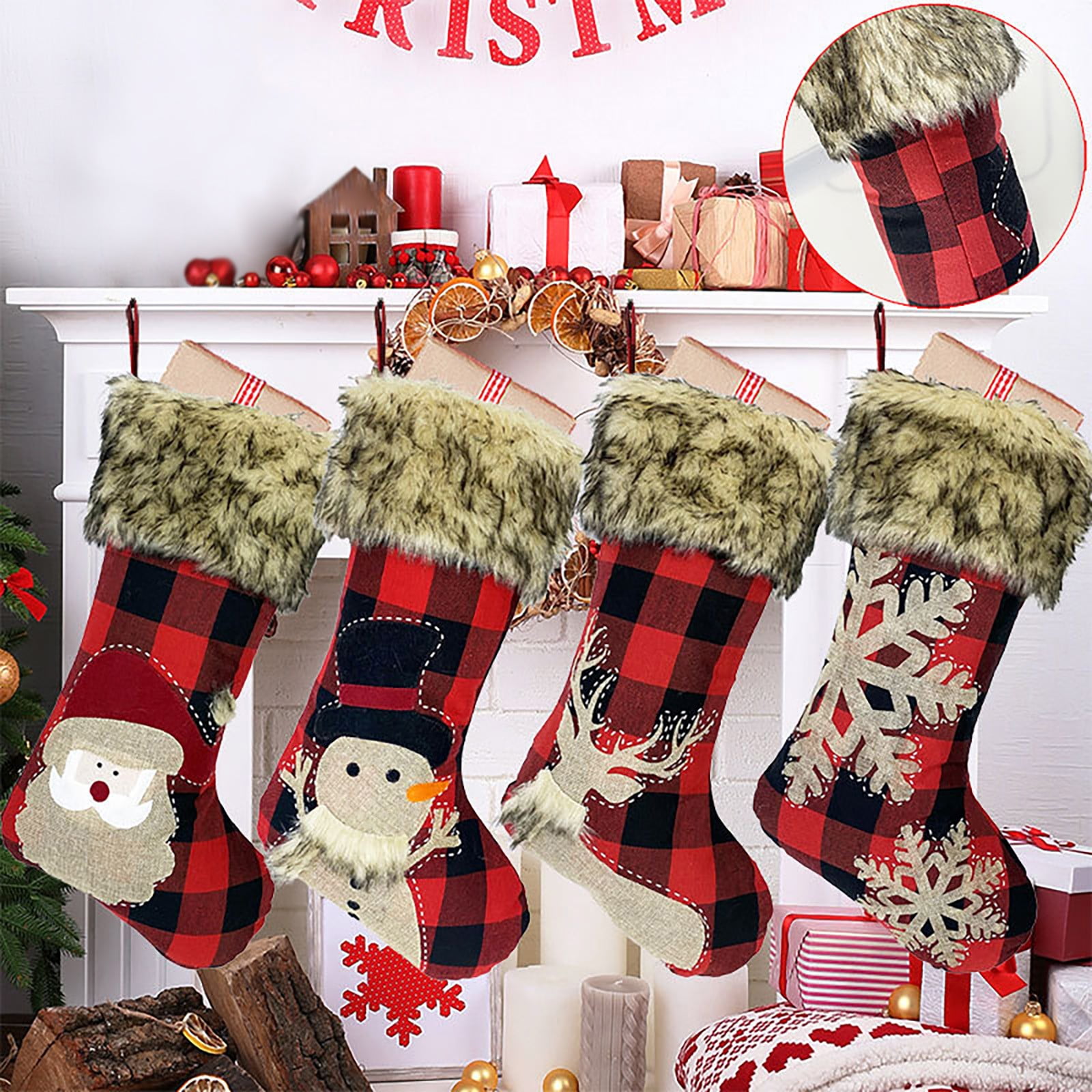 Wall Hangs,Christmas Stockings 4 Pack 18" Big Christmas Stocking Stuffers Snowflake Santa Snowman Reindeer Burlap Plaid Socks With Plush Cuff Candy Socks For Family Holiday Christmas P