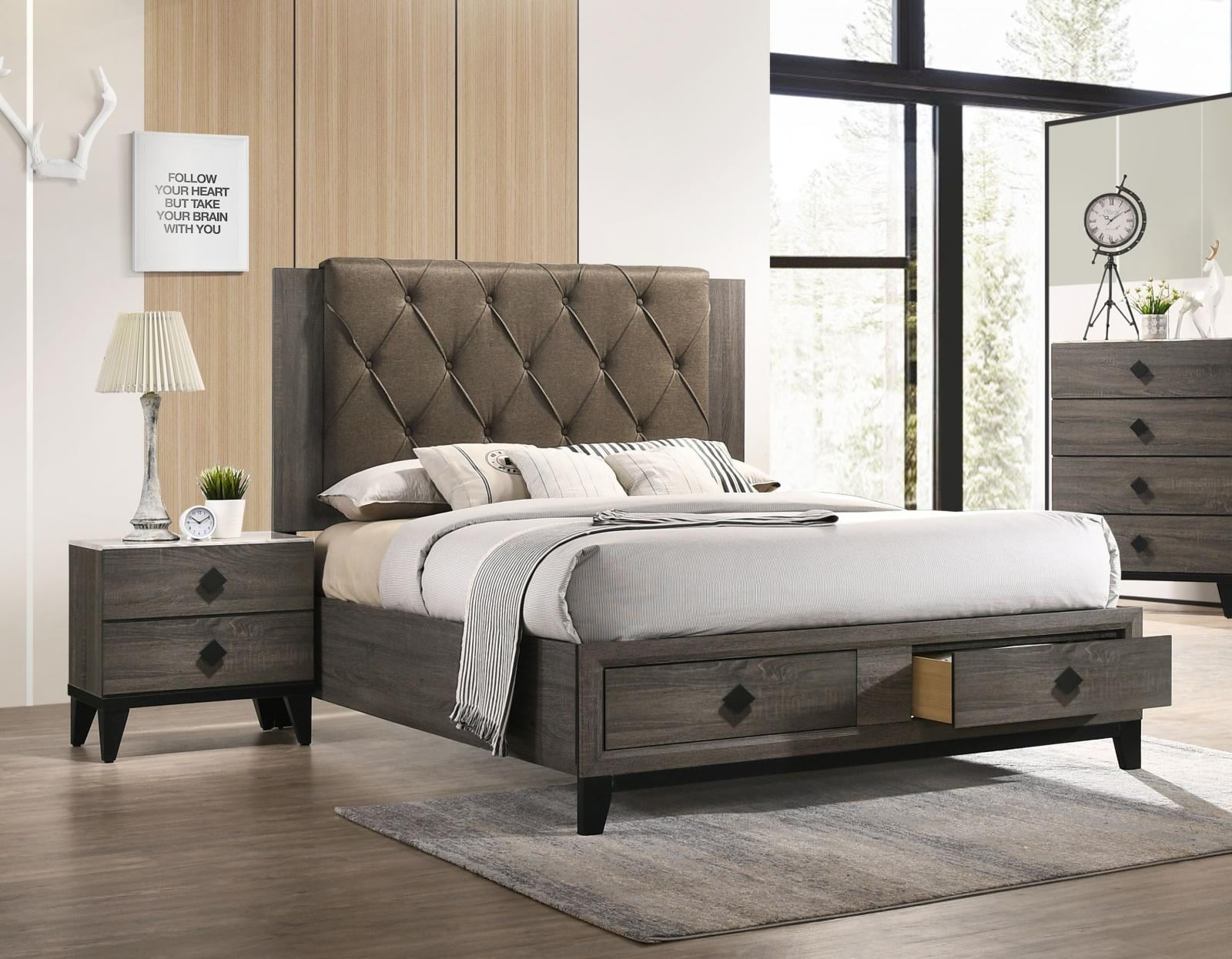 Transitional Rustic Gray Oak Storage, Grey King Bedroom Set