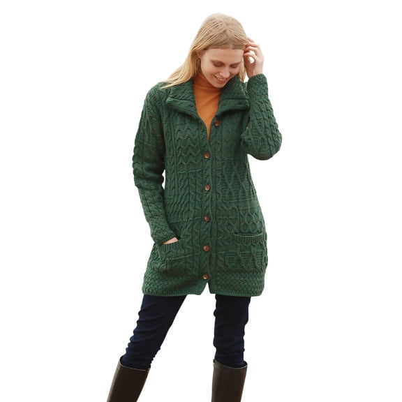 Aran Woollen Mills Women's Button Funnel Neck Cardigan 100% Merino Wool