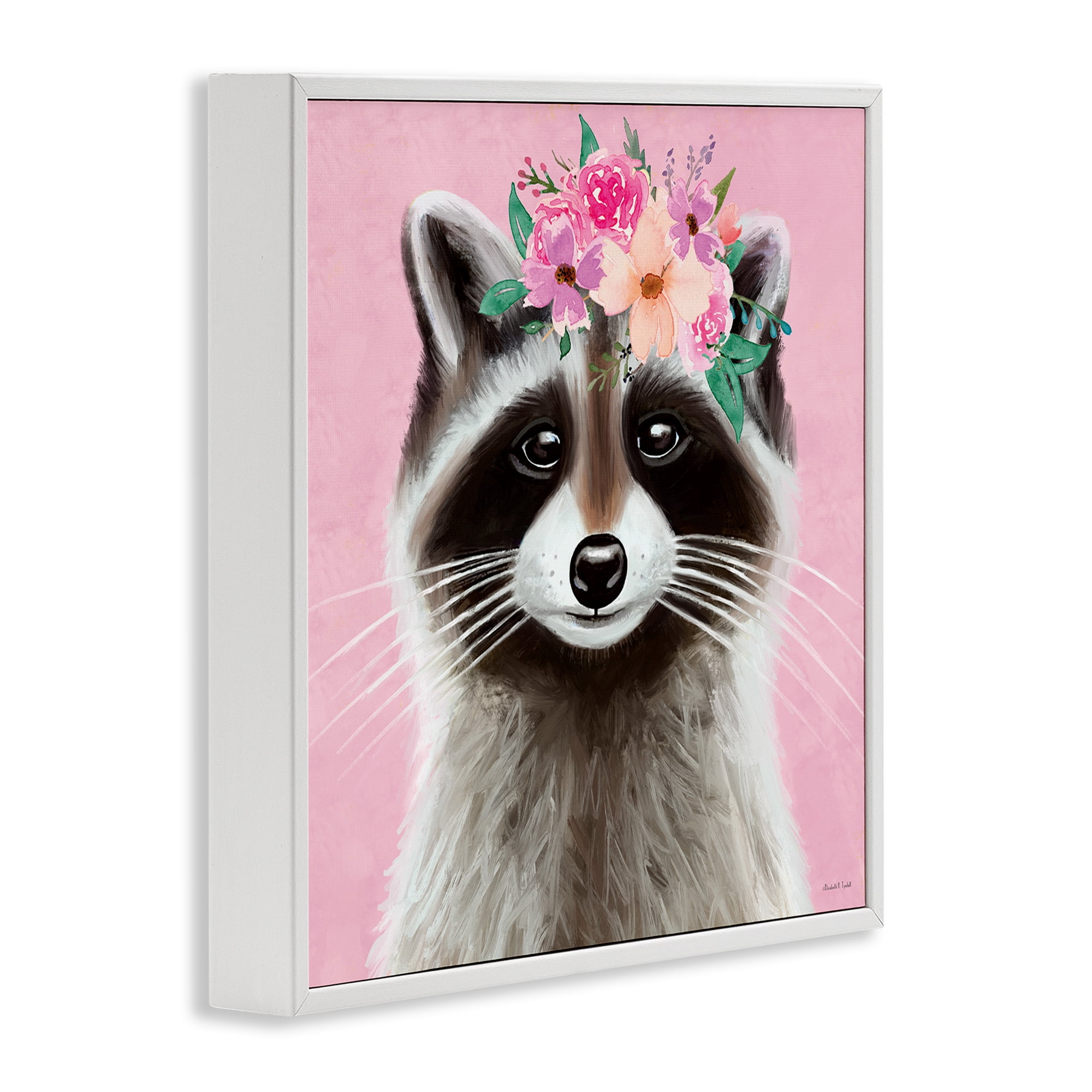 Stupell Industries Pink Florals Raccoon Animals & Insects Painting White Framed Art Print Wall Art, 17 x 17