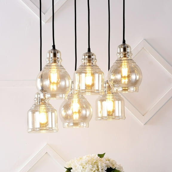 JONATHAN Y Sydney 18.88" 6-Light Bohemian Farmhouse Iron/Glass Cluster LED Pendant, Nickel/Champagne
