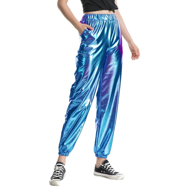 Pantalons pour Femmes Mode Ample Décontracté Style de Rue Pantalons Cargo Couleur Métallique pour Femmes A TG