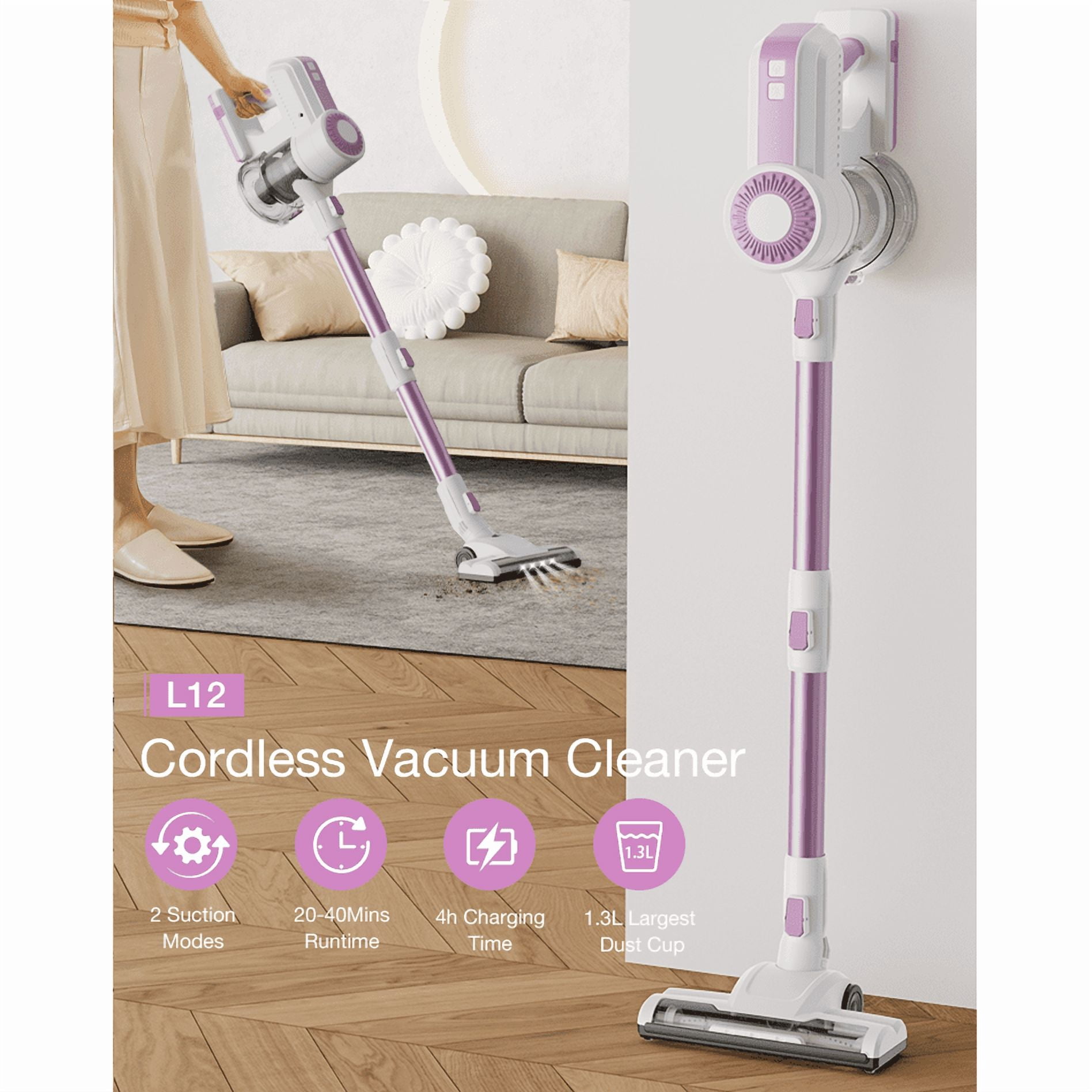 MOOSOO Stick Vacuum Cleaner, 30Kpa Powerful Suction Cordless Vacuum with Headlight Motorized Brush, Self-Standing for Hard Floor, Carpet Pet Hair, Black